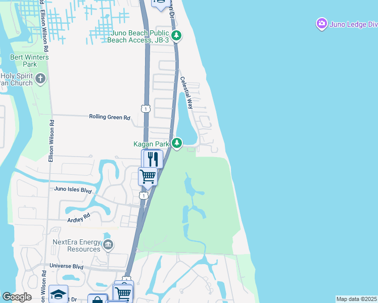 map of restaurants, bars, coffee shops, grocery stores, and more near 20 Celestial Way in Juno Beach