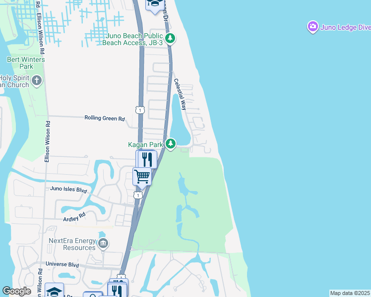 map of restaurants, bars, coffee shops, grocery stores, and more near 20 Celestial Way in North Palm Beach