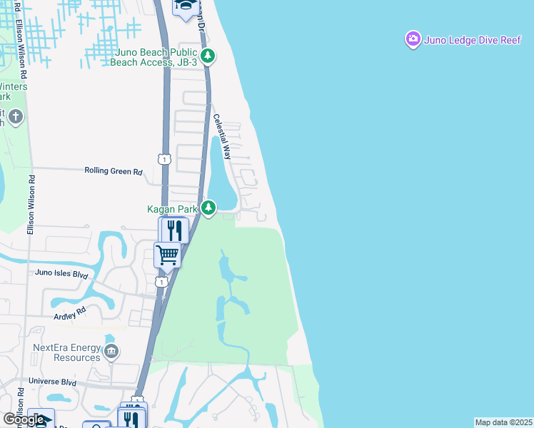 map of restaurants, bars, coffee shops, grocery stores, and more near 80 Celestial Way in Juno Beach