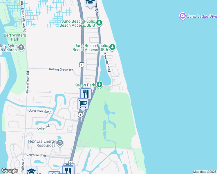 map of restaurants, bars, coffee shops, grocery stores, and more near 120 Celestial Way in Juno Beach