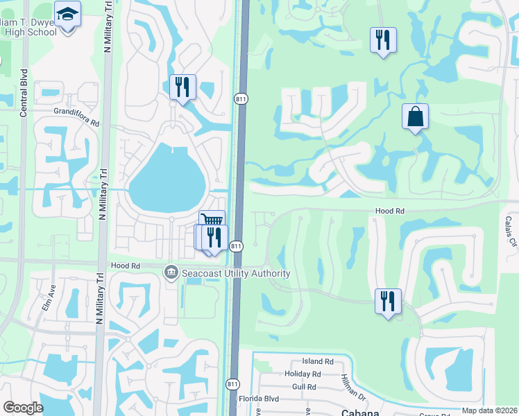 map of restaurants, bars, coffee shops, grocery stores, and more near 3851 Toulouse Drive in Palm Beach Gardens