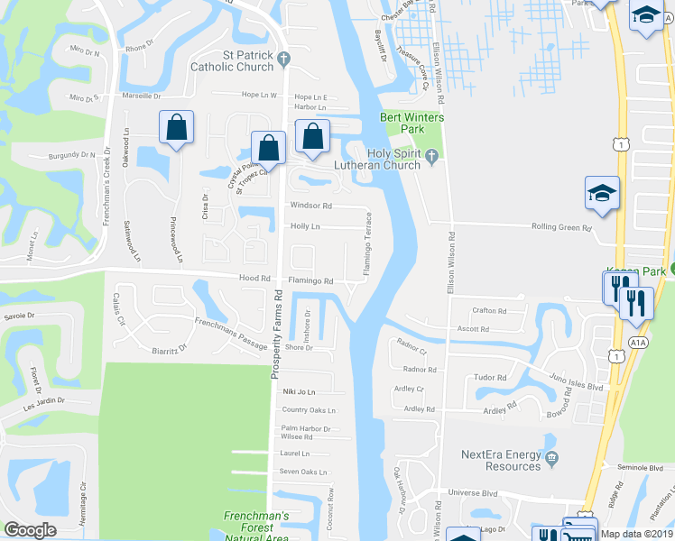 map of restaurants, bars, coffee shops, grocery stores, and more near 2333 Flamingo Road in Palm Beach Gardens