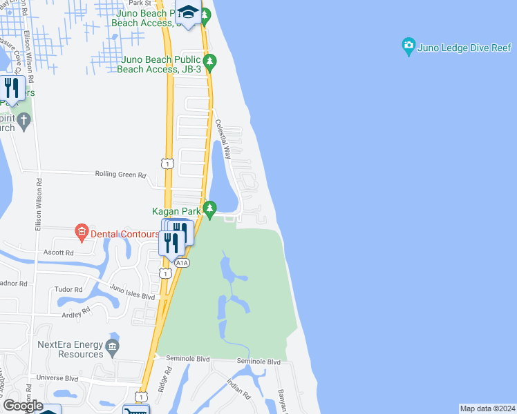 map of restaurants, bars, coffee shops, grocery stores, and more near 80 Celestial Way in Juno Beach