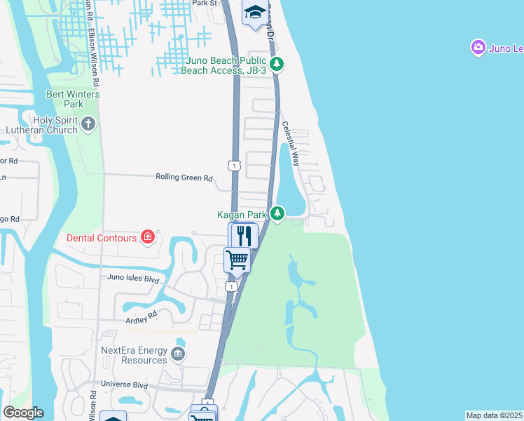 map of restaurants, bars, coffee shops, grocery stores, and more near 420 Old Towne Lane in Juno Beach