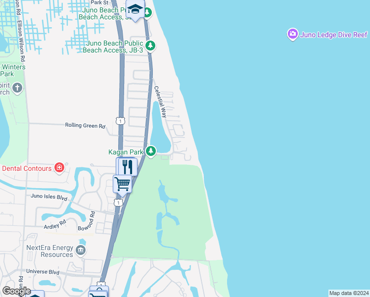 map of restaurants, bars, coffee shops, grocery stores, and more near 80 Celestial Way in Juno Beach
