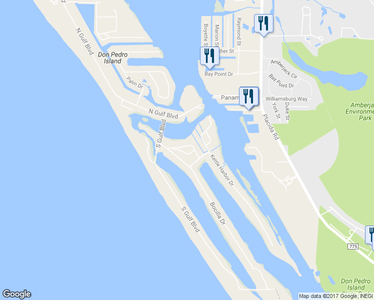 map of restaurants, bars, coffee shops, grocery stores, and more near 91 Gasparilla Way in Cape Haze