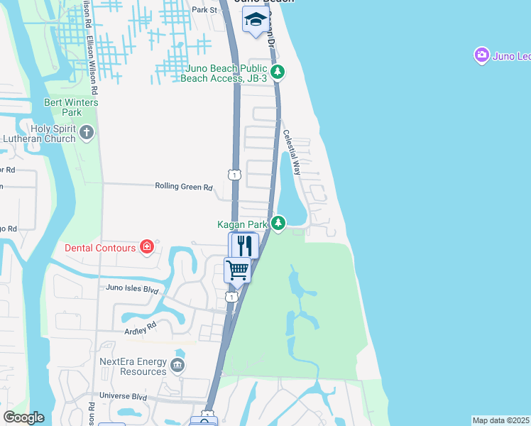 map of restaurants, bars, coffee shops, grocery stores, and more near 420 Old Towne Lane in Juno Beach