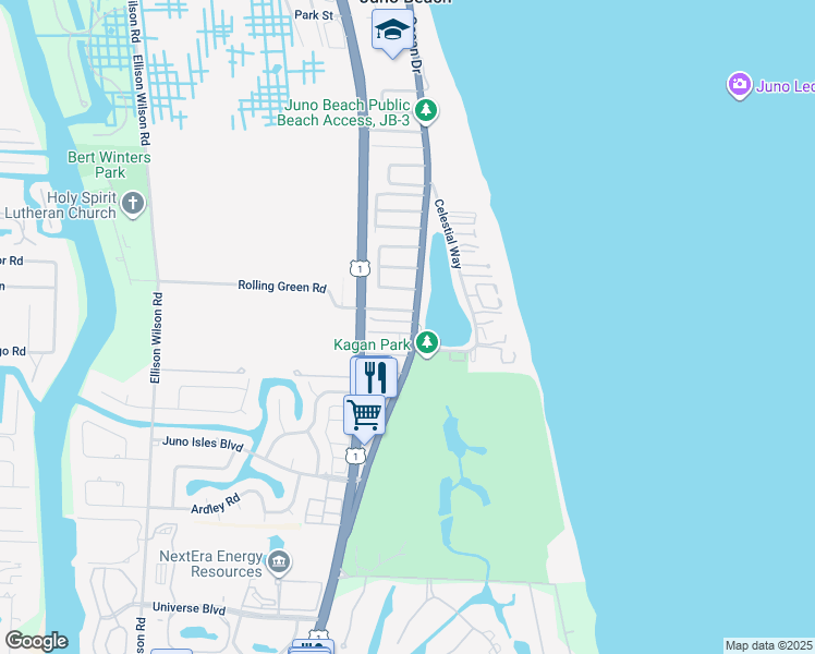 map of restaurants, bars, coffee shops, grocery stores, and more near 420 Old Towne Lane in Juno Beach