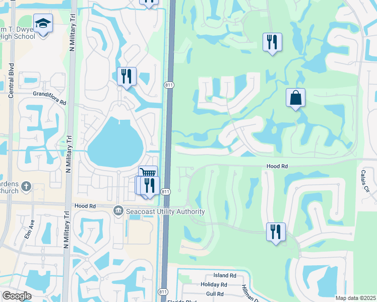 map of restaurants, bars, coffee shops, grocery stores, and more near 3851 Toulouse Drive in Palm Beach Gardens