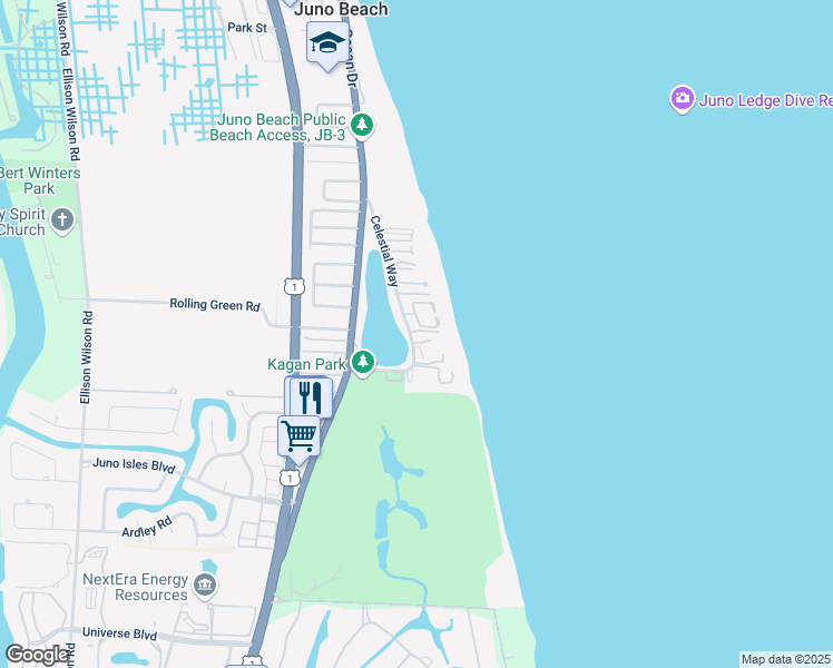 map of restaurants, bars, coffee shops, grocery stores, and more near 120 Celestial Way in Juno Beach