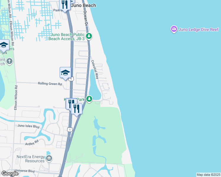 map of restaurants, bars, coffee shops, grocery stores, and more near 170 Celestial Way in Juno Beach