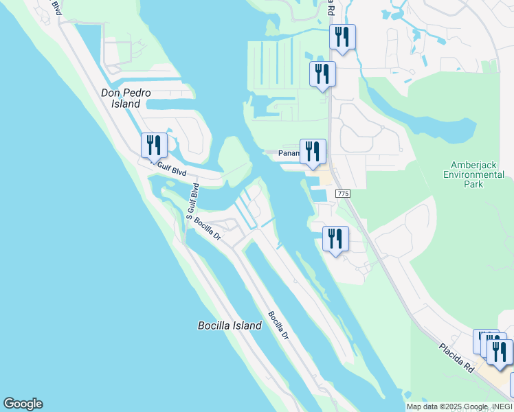 map of restaurants, bars, coffee shops, grocery stores, and more near Pointe Way in Placida