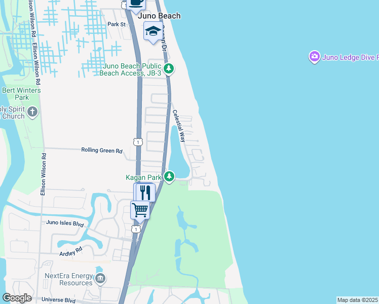 map of restaurants, bars, coffee shops, grocery stores, and more near 170 Celestial Way in Juno Beach