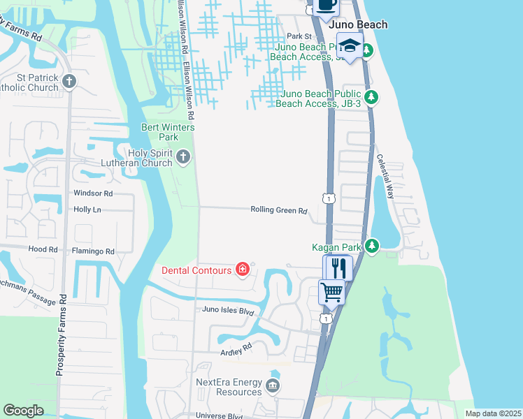 map of restaurants, bars, coffee shops, grocery stores, and more near Rolling Green Road in North Palm Beach