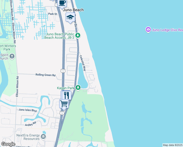 map of restaurants, bars, coffee shops, grocery stores, and more near 170 Celestial Way in Juno Beach