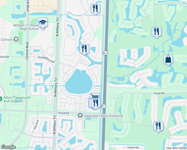 map of restaurants, bars, coffee shops, grocery stores, and more near 601 Castle Drive in Palm Beach Gardens
