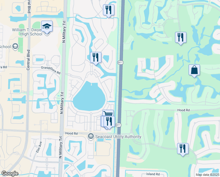 map of restaurants, bars, coffee shops, grocery stores, and more near 612 Castle Drive in Palm Beach Gardens