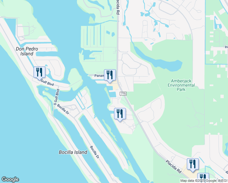map of restaurants, bars, coffee shops, grocery stores, and more near 7050 Placida Road in Placida