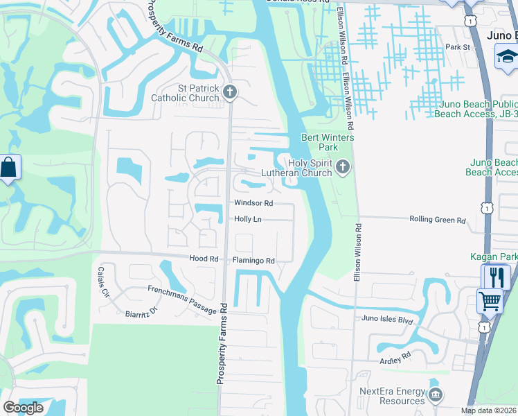 map of restaurants, bars, coffee shops, grocery stores, and more near 2384 Windsor Road in Palm Beach Gardens