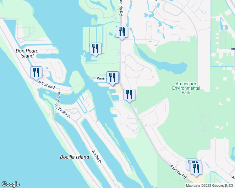 map of restaurants, bars, coffee shops, grocery stores, and more near 7090 Placida Road in Placida