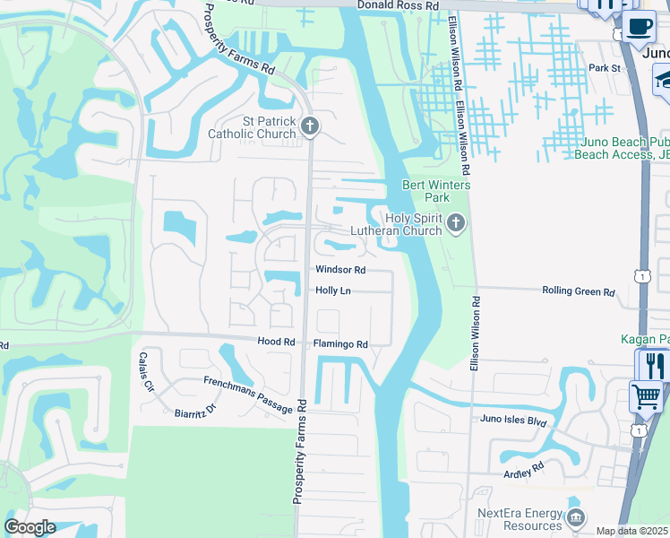 map of restaurants, bars, coffee shops, grocery stores, and more near 2423 Windsor Road in Palm Beach Gardens