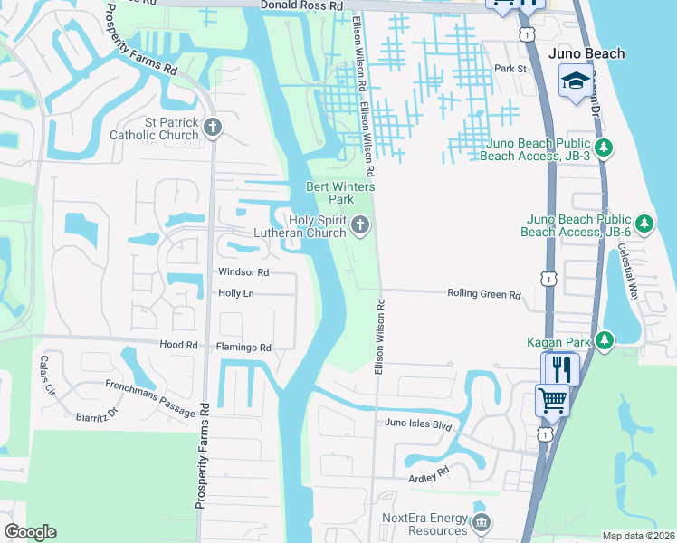 map of restaurants, bars, coffee shops, grocery stores, and more near 13285 Rolling Green Road in North Palm Beach