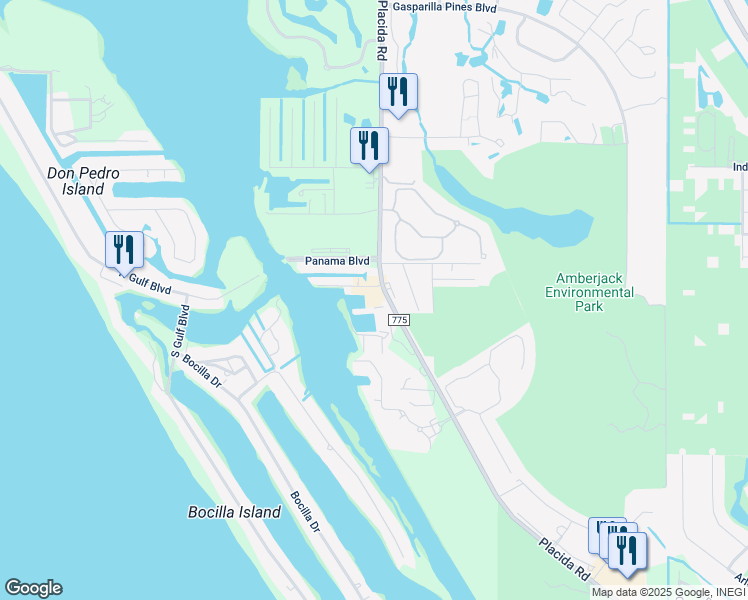 map of restaurants, bars, coffee shops, grocery stores, and more near 7090 Placida Road in Placida