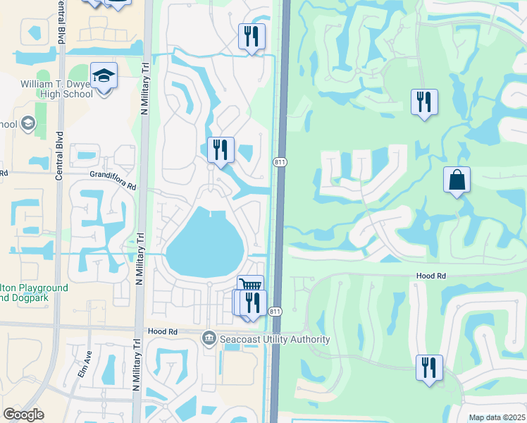 map of restaurants, bars, coffee shops, grocery stores, and more near 623 Castle Drive in Palm Beach Gardens