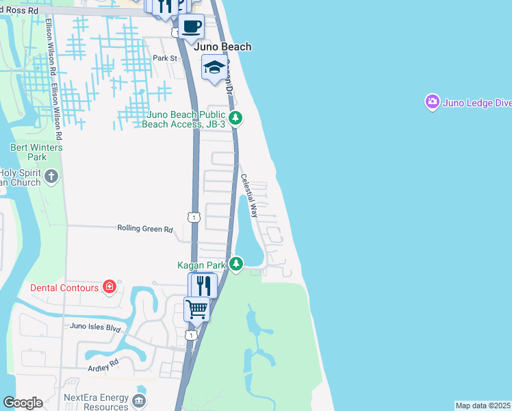 map of restaurants, bars, coffee shops, grocery stores, and more near 301 Alicante Drive in Juno Beach