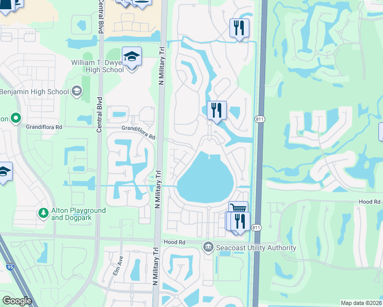 map of restaurants, bars, coffee shops, grocery stores, and more near 562 Tomahawk Court in Palm Beach Gardens
