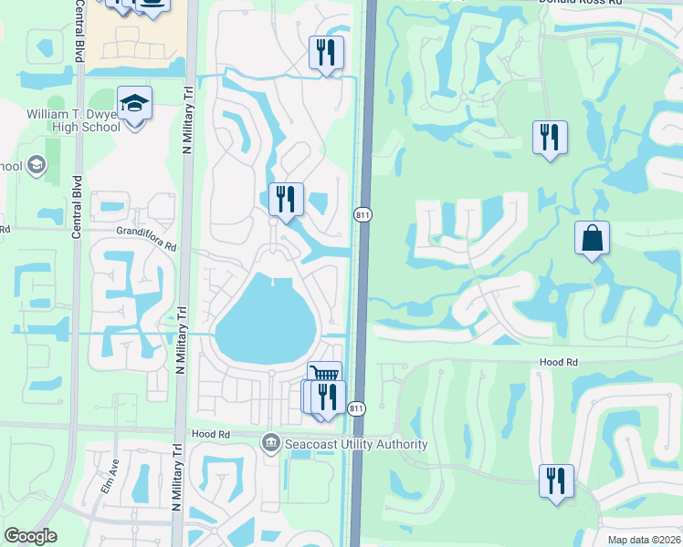 map of restaurants, bars, coffee shops, grocery stores, and more near 626 Castle Drive in Palm Beach Gardens