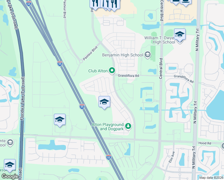 map of restaurants, bars, coffee shops, grocery stores, and more near 13085 Alton Road in Palm Beach Gardens