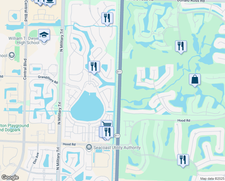 map of restaurants, bars, coffee shops, grocery stores, and more near 629 Castle Drive in Palm Beach Gardens