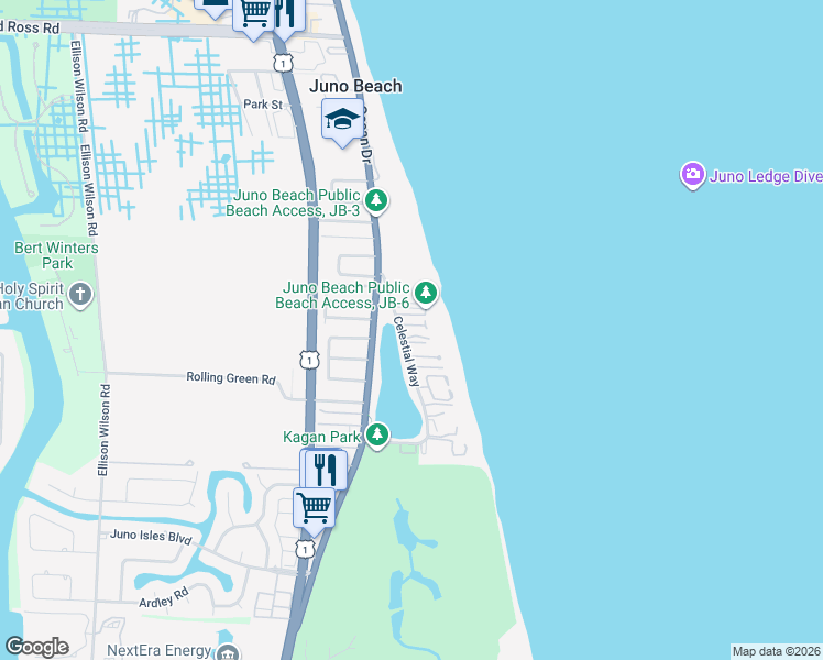 map of restaurants, bars, coffee shops, grocery stores, and more near 302 Alicante Drive in Juno Beach