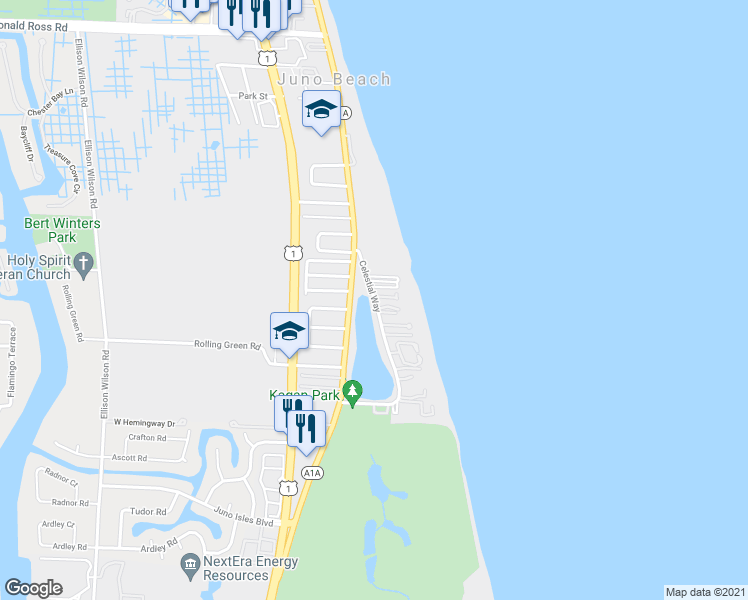 map of restaurants, bars, coffee shops, grocery stores, and more near 271 Celestial Way in Juno Beach