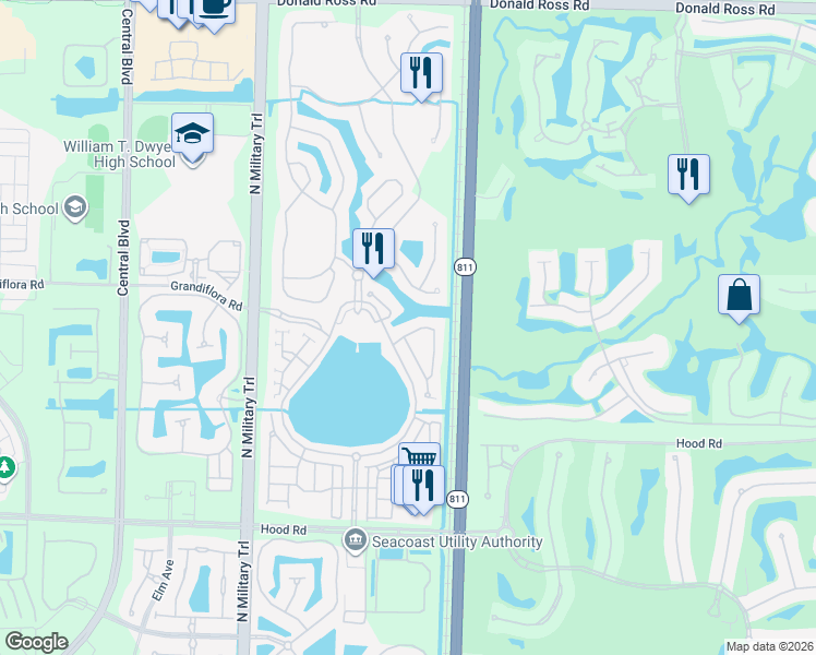 map of restaurants, bars, coffee shops, grocery stores, and more near 653 Castle Drive in Palm Beach Gardens