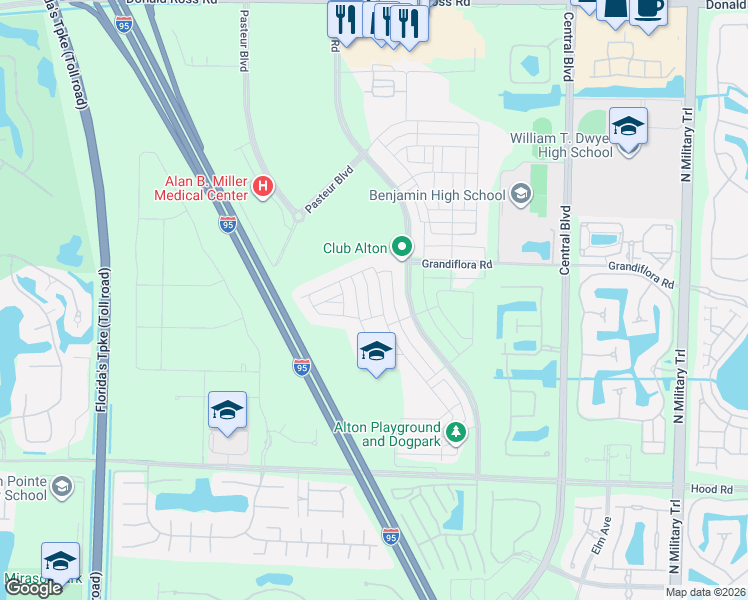 map of restaurants, bars, coffee shops, grocery stores, and more near 13605 Dumont Road in Palm Beach Gardens