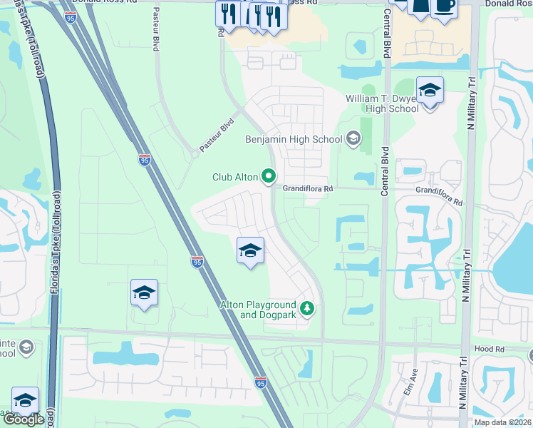 map of restaurants, bars, coffee shops, grocery stores, and more near 13085 Alton Road in Palm Beach Gardens