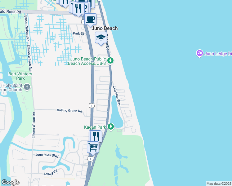 map of restaurants, bars, coffee shops, grocery stores, and more near 380 Celestial Way in Juno Beach
