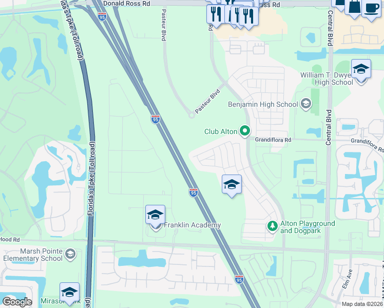 map of restaurants, bars, coffee shops, grocery stores, and more near Highway 9 in Palm Beach Gardens