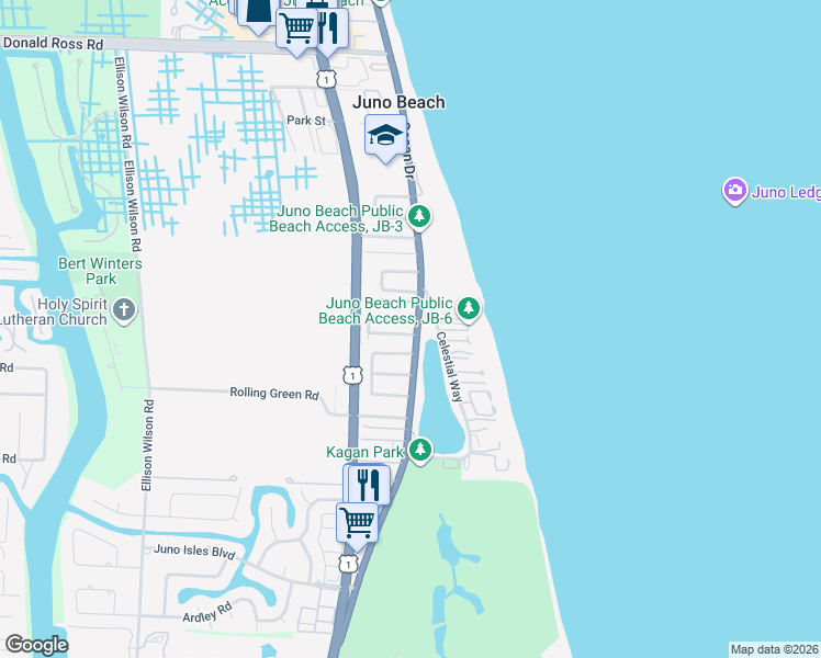 map of restaurants, bars, coffee shops, grocery stores, and more near 333 Ocean Drive in Juno Beach