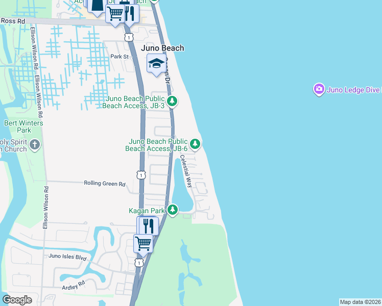 map of restaurants, bars, coffee shops, grocery stores, and more near 241 Mercury Road in Juno Beach