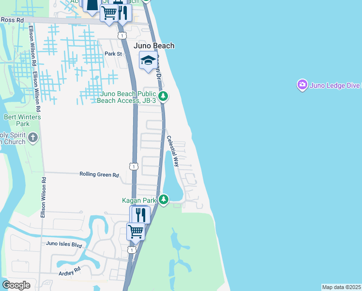 map of restaurants, bars, coffee shops, grocery stores, and more near 241 Mercury Road in Juno Beach