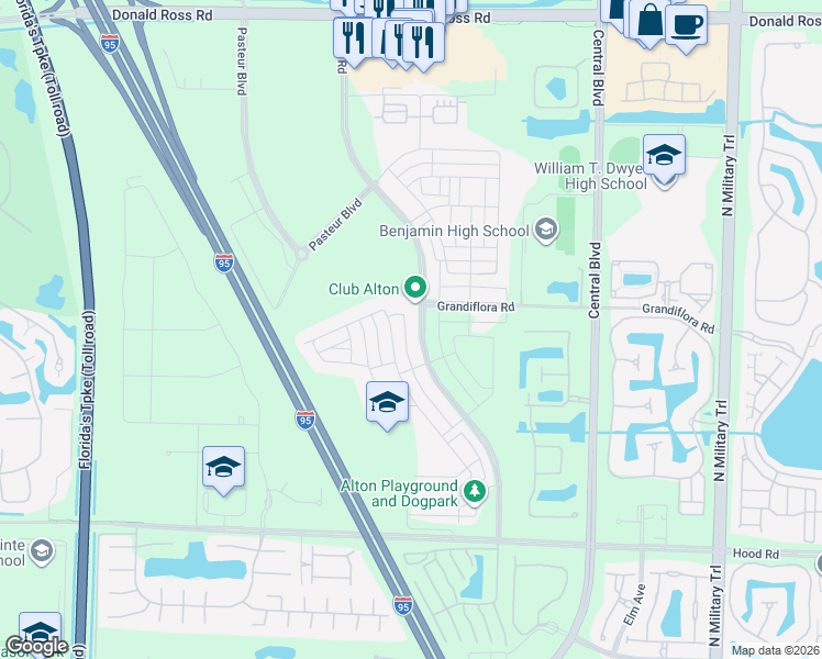 map of restaurants, bars, coffee shops, grocery stores, and more near 13141 Alton Road in Palm Beach Gardens