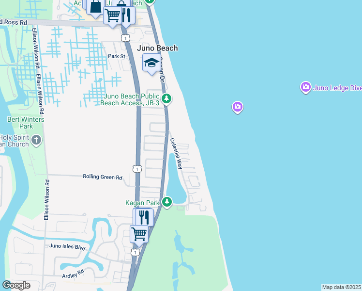 map of restaurants, bars, coffee shops, grocery stores, and more near 380 Celestial Way in Juno Beach