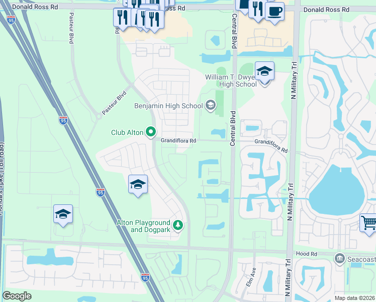 map of restaurants, bars, coffee shops, grocery stores, and more near 5025 Grandiflora Road in Palm Beach Gardens