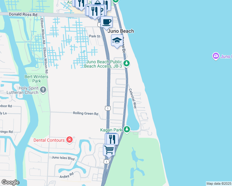 map of restaurants, bars, coffee shops, grocery stores, and more near 411 Jupiter Lane in Juno Beach