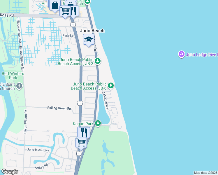 map of restaurants, bars, coffee shops, grocery stores, and more near 241 Mercury Road in Juno Beach