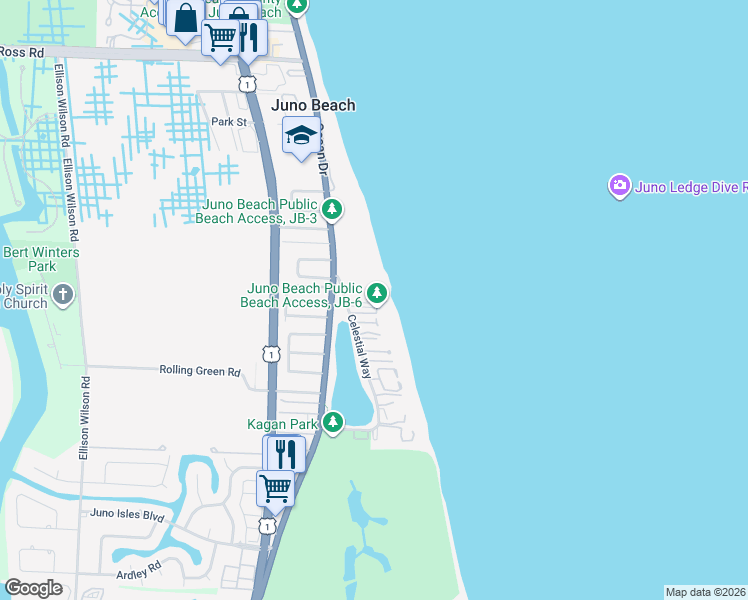 map of restaurants, bars, coffee shops, grocery stores, and more near 241 Mercury Road in Juno Beach