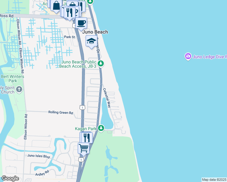 map of restaurants, bars, coffee shops, grocery stores, and more near 241 Mercury Road in Juno Beach